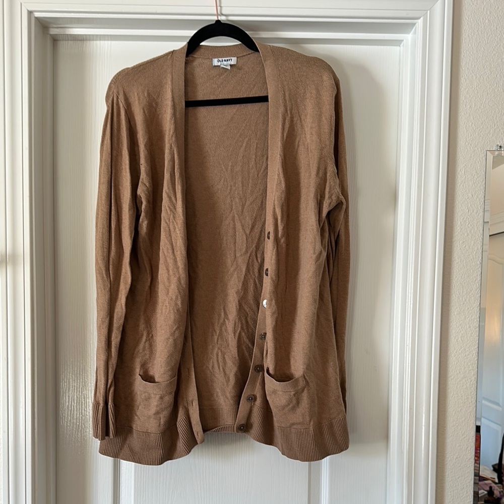 Old Navy Tan Cardigan Sweater Lightweight Knit Relaxed Fit